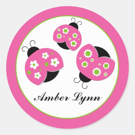 Roze & limoengroene lieveheersbeestjes ronde sticker (Voorkant)