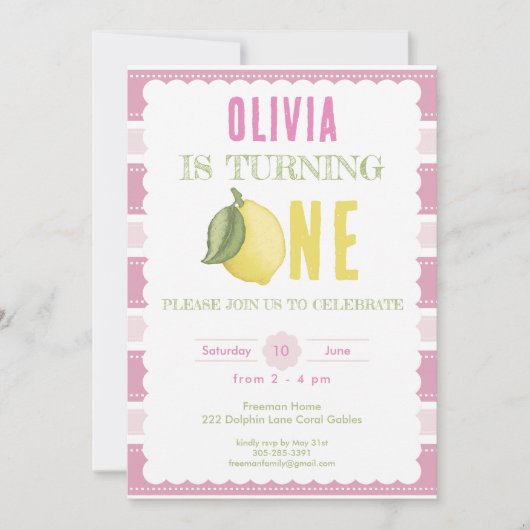 Roze limonade 1e verjaardag Uitnodiging (Voorkant)