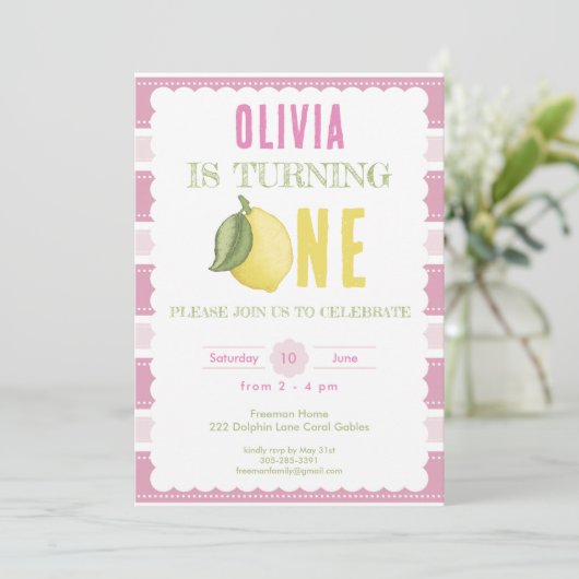 Roze limonade 1e verjaardag Uitnodiging (Staand voorkant)