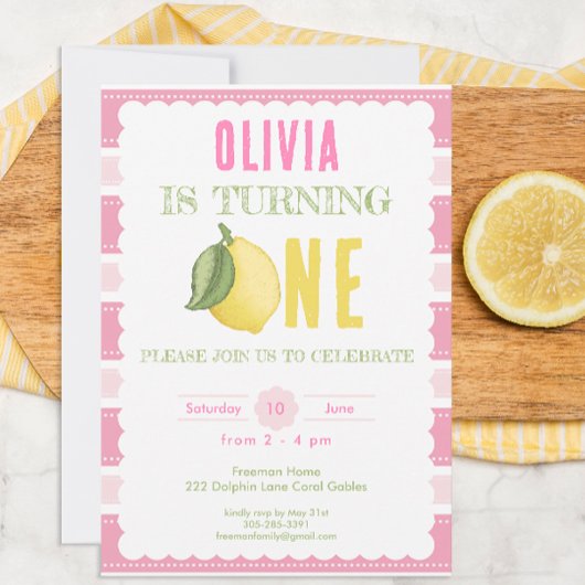 Roze limonade 1e verjaardag Uitnodiging