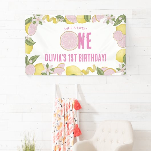 Roze limonade 1e verjaardagsfeest vlaggenlijn spandoek (Insitu)