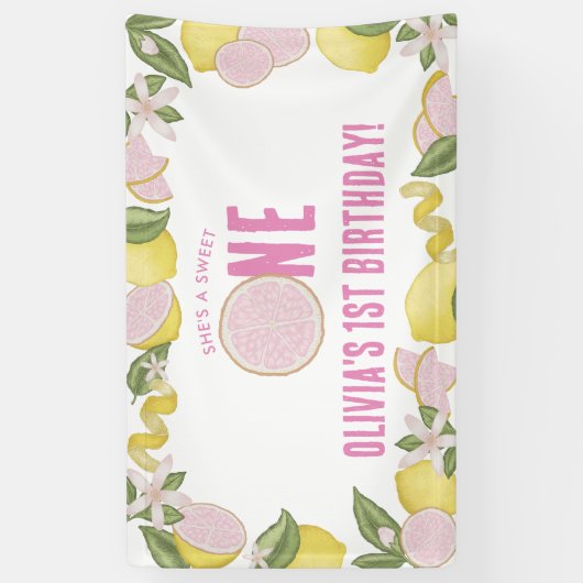 Roze limonade 1e verjaardagsfeest vlaggenlijn spandoek (Verticaal)