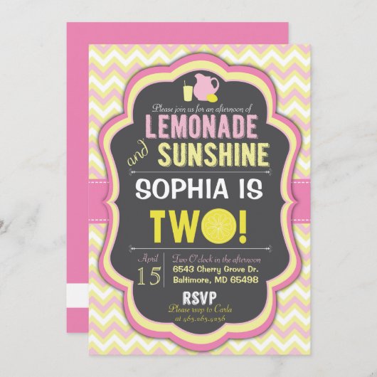 Roze limonade 2e verjaardag van de uitnodiging tot (Voorkant / Achterkant)