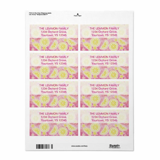 Roze limonade-adreslabel grote bovenste tekst etiket (Full Sheet)
