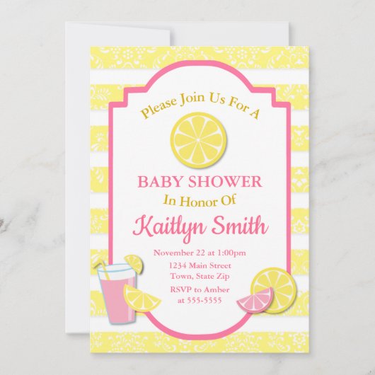 Roze limonade Baby shower Invitation Lemon Kaart (Voorkant)