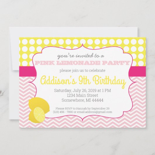 Roze limonade Birthday Invitation, limonaid Kaart (Voorkant)