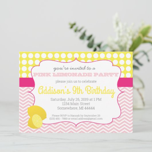 Roze limonade Birthday Invitation, limonaid Kaart (Staand voorkant)