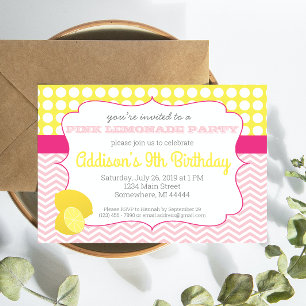 Roze limonade Birthday Invitation, limonaid Kaart