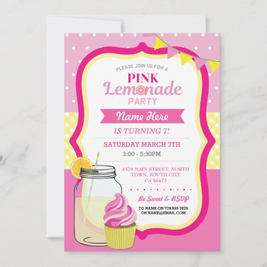 Roze limonade Birthday Party Cupcake Jar Invite Kaart (Voorkant)