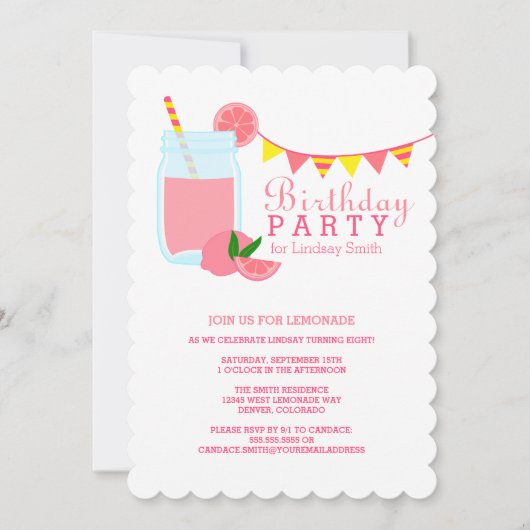 Roze limonade Birthday Party Invitation Kaart (Voorkant)