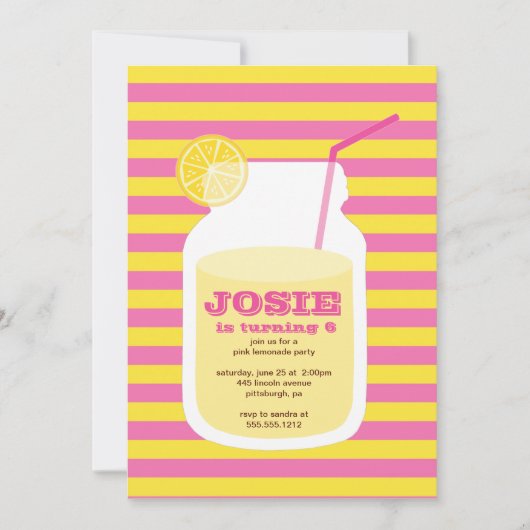 Roze limonade Birthday Party Invitation Kaart (Voorkant)