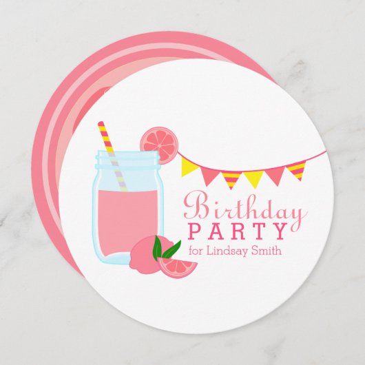 Roze limonade Birthday Party Invitation Kaart (Voorkant / Achterkant)