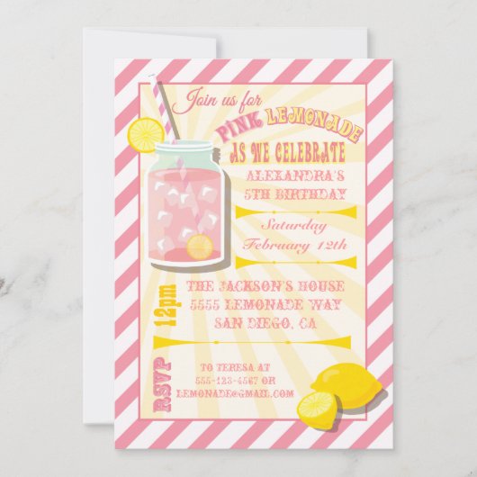 Roze limonade Birthday Party Kaart (Voorkant)