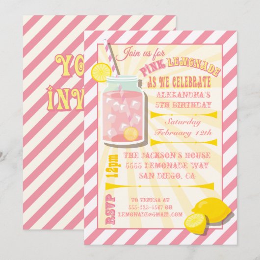 Roze limonade Birthday Party Kaart (Voorkant / Achterkant)