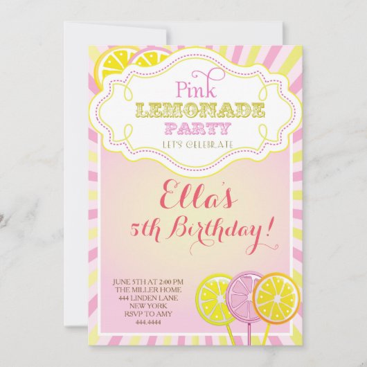 Roze limonade Birthday Party Kaart (Voorkant)