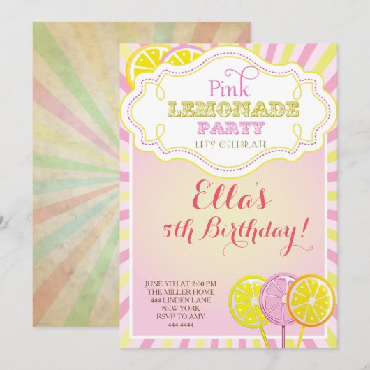 Roze limonade Birthday Party Kaart (Voorkant / Achterkant)