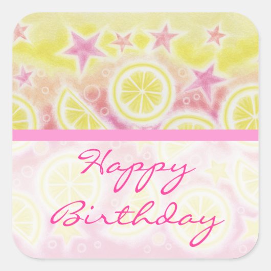Roze limonade "Birthday" sticker met vierkante str (Voorkant)