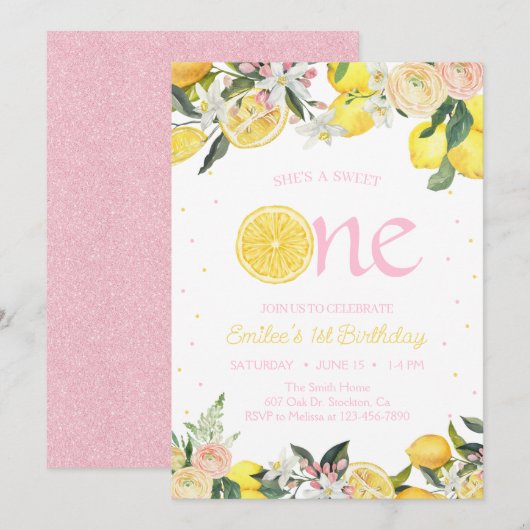Roze limonade bloemachtige eerste verjaardag zonne kaart (Voorkant / Achterkant)