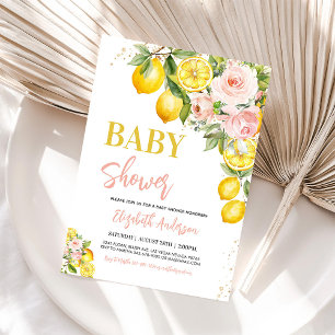 Roze limonade bloemige citrus baby shower uitnodig kaart