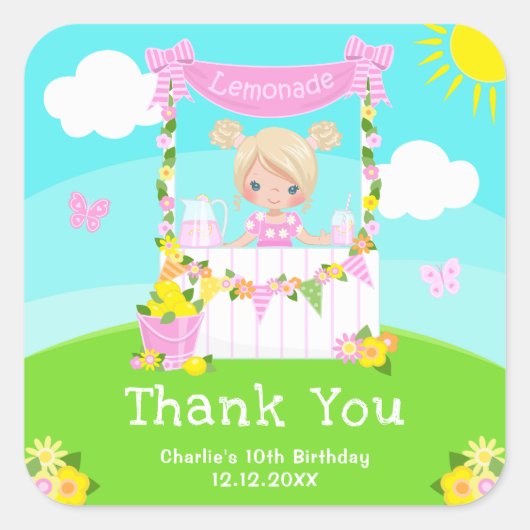 Roze limonade blond haar meisje verjaardag dank u vierkante sticker (Voorkant)
