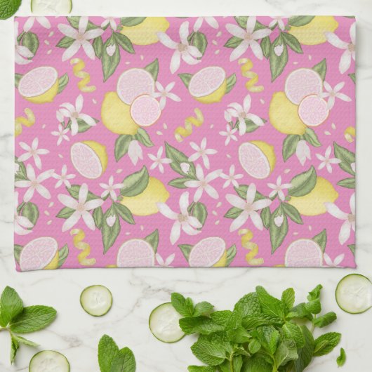 Roze limonade citrus bloemenkeukenhanddoek theedoek (Gevouwen)