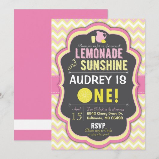 Roze limonade eerste verjaardag Chevron uitnodigin Kaart (Voorkant / Achterkant)