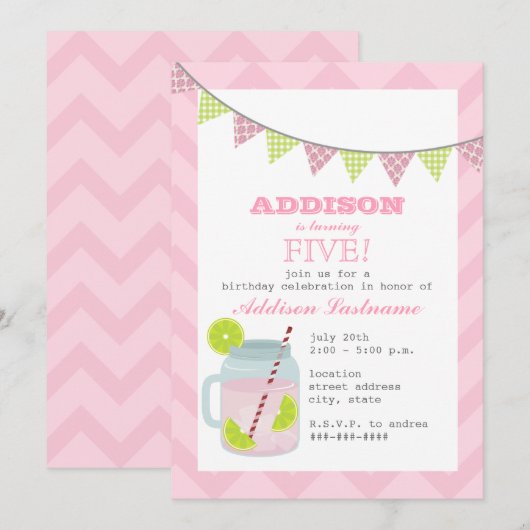 Roze limonade en Limoen Chevron Birthday Kaart (Voorkant / Achterkant)