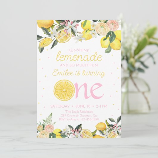 Roze limonade Floral Eerste Verjaardag Zonneschijn Kaart (Staand voorkant)