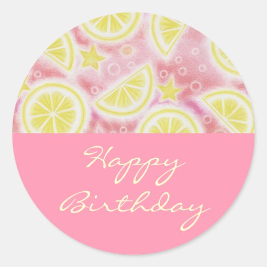 Roze limonade 'Happy Birthday' sticker rond roze (Voorkant)