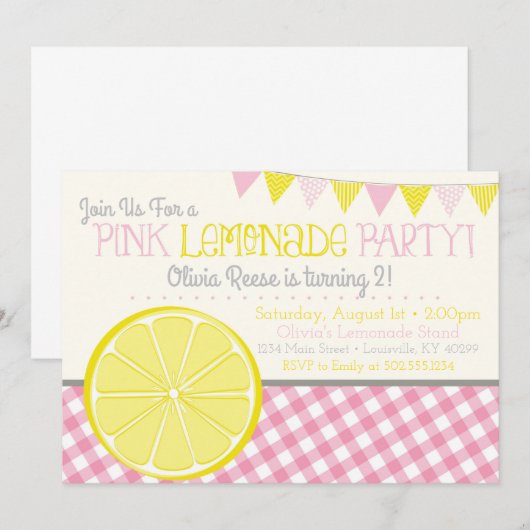 Roze limonade meisjes verjaardagsfeestje uitnodigi kaart (Voorkant / Achterkant)