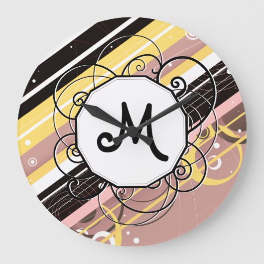Roze limonade Modern-Retro Stripes met monogram Grote Klok (Voorkant)