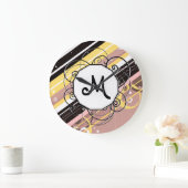 Roze limonade Modern-Retro Stripes met monogram Grote Klok (Huis)