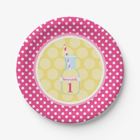 Roze limonade Polka Dot 1e verjaardag Papieren Bordje (Voorkant)