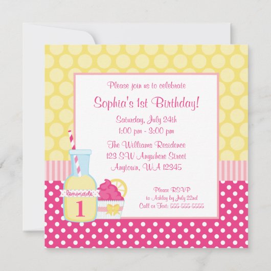 Roze limonade Polka Dot 1st Birthday Foto Kaart (Achterkant)