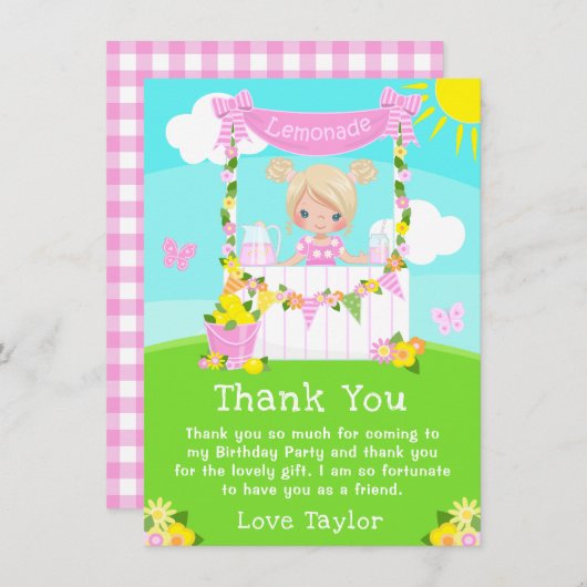 Roze limonade stand verjaardag blond haar meisje bedankkaart (Voorkant / Achterkant)