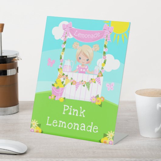 Roze limonade stand verjaardag blond haar meisje reclamebord met voetstuk (Insitu)