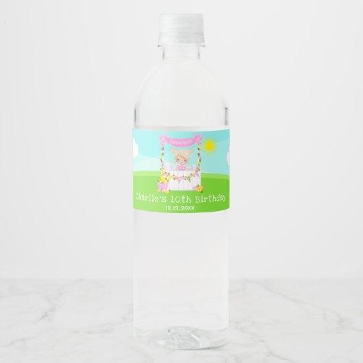 Roze limonade stand verjaardag blond haar meisje waterfles etiket (Voorkant)