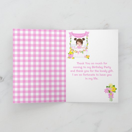 Roze limonade stand verjaardag bruin haar meisje bedankkaart (Binnen)