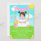 Roze limonade stand verjaardag bruin haar meisje kaart (Voorkant)