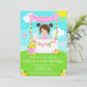 Roze limonade stand verjaardag bruin haar meisje kaart (Staand voorkant)