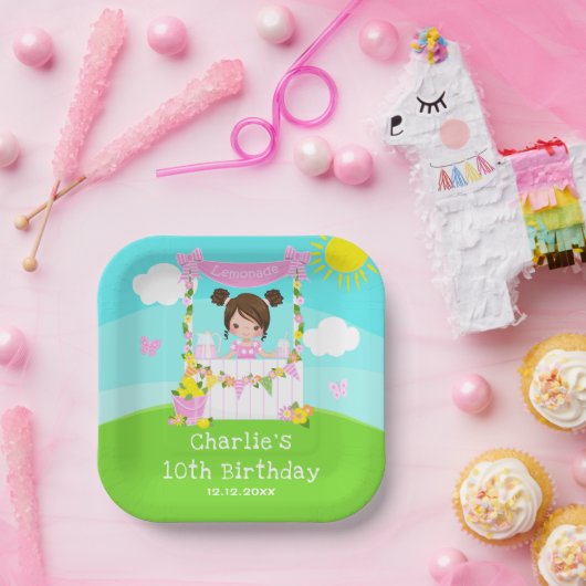 Roze limonade stand verjaardag bruin haar meisje papieren bordje (Feest)