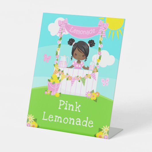 Roze limonade stand verjaardag donkere huid meisje reclamebord met voetstuk (Voorkant)
