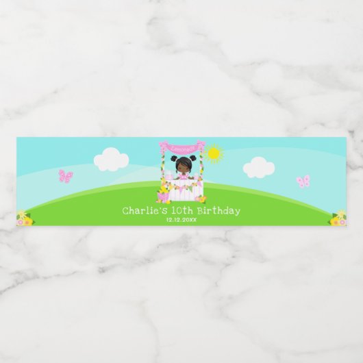 Roze limonade stand verjaardag donkere huid meisje waterfles etiket (Enkel label)