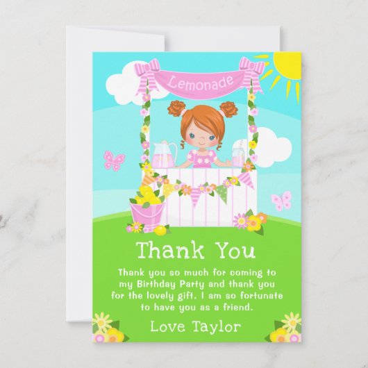 Roze limonade stand verjaardag rood haar meisje bedankkaart (Voorkant)