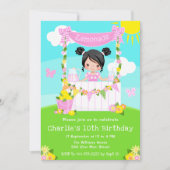 Roze limonade stand verjaardag zwart haar meisje kaart (Voorkant)