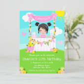 Roze limonade stand verjaardag zwart haar meisje kaart (Staand voorkant)