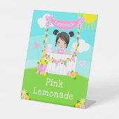 Roze limonade stand verjaardag zwart haar meisje reclamebord met voetstuk (Voorkant)