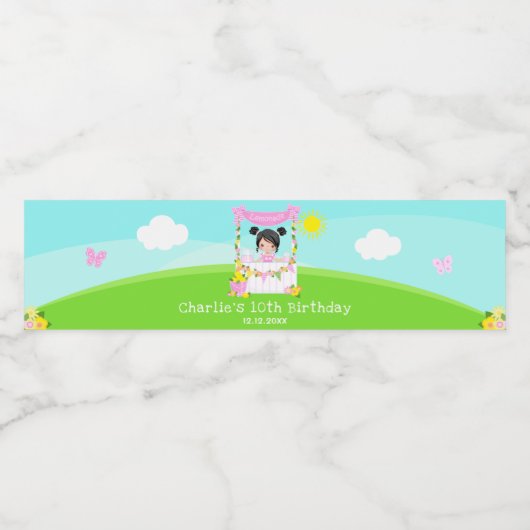 Roze limonade stand verjaardag zwart haar meisje waterfles etiket (Enkel label)