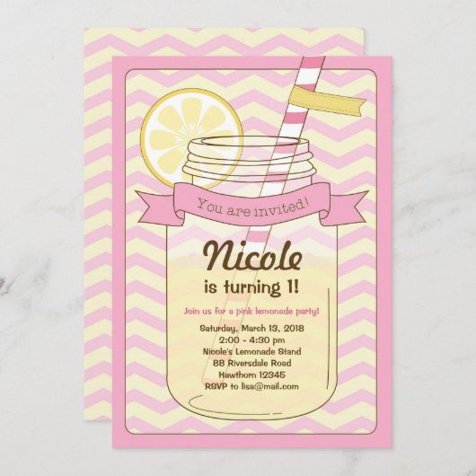 Roze limonade-uitnodiging / Roze limonade-uitnodig Kaart (Voorkant / Achterkant)