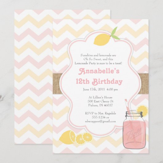 Roze limonade - uitnodiging voor meisjes (Voorkant / Achterkant)